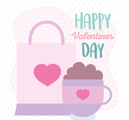 happy valentines day, shopping bag and cup chocolate dots background