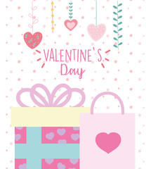 happy valentines day, gift box and shopping bag hanging hearts leaves