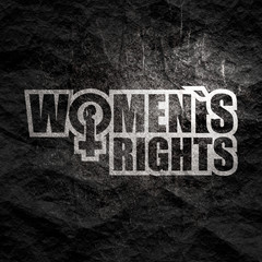 Female sign icon in womens rights text. Silhouette of woman head. Grunge texture