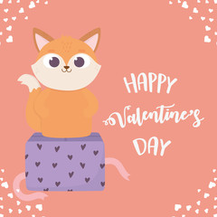 happy valentines day, cute fox on gift box hearts love