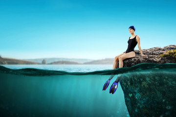 Swimmer woman at sea. Mixed media