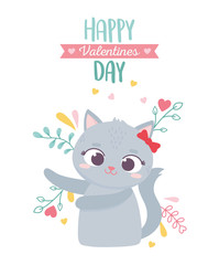 Obraz na płótnie Canvas happy valentines day, cute female cat with bow flowers hearts love decoration