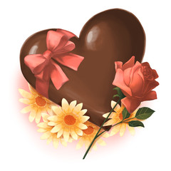花とリボンのハート型バレンタインチョコレート