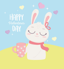 Obraz na płótnie Canvas happy valentines day, cute bunny with coffee cup with hearts leaves