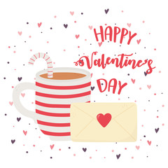 happy valentines day, cup chocolate with candy cane and envelope letter love