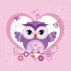 Cute owl sitting on the tree branch over the heart shape. Valentine's day card. Vector illustration.