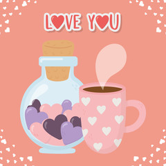 happy valentines day, hot coffee cup and bottle glass hearts love