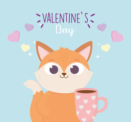 happy valentines day, cute fox with coffee cup with hearts