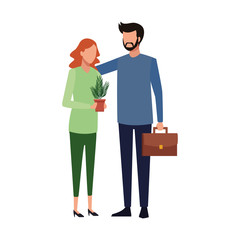 man with portfolio and woman holding a plant pot, colorful design