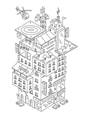Multilevel cartoon building fantasy print sketch. Multi-storey house exterior. Hand drawn line. Freehand drawing. Black line flat vector.