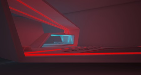 Abstract architectural white interior of a minimalist house with colored neon lighting. 3D illustration and rendering.