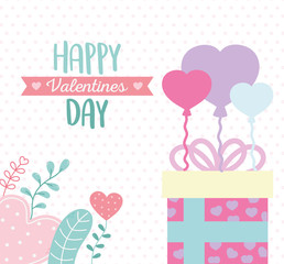 happy valentines day, gift box with balloons hearts leaves decoration