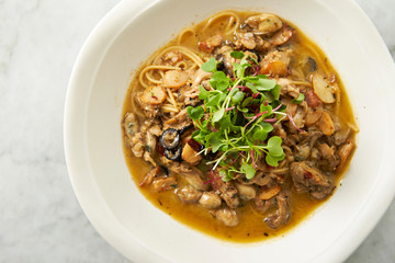 Oyster and garlic spaghetti studio shot 