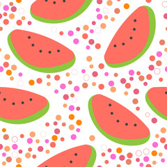 Cute pink watermelon with color dots seamless pattern background