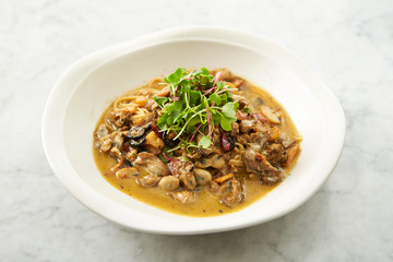 Oyster and garlic spaghetti studio shot 