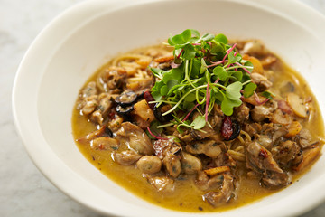 Oyster and garlic spaghetti studio shot 