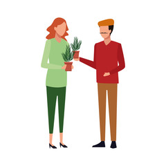 gardener woman and artist man standing, colorful design