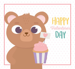 happy valentines day, cute bear with sweet cupcake heart love card
