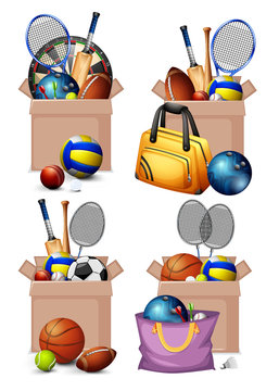 Set of boxes full of sport equipments on white background