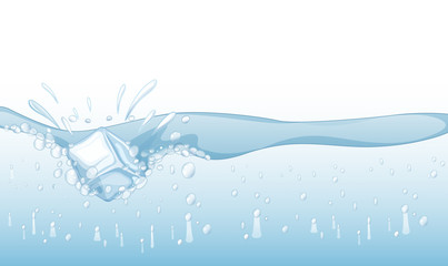 Background with ice cube splashing in water
