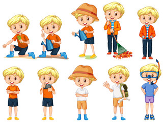 Boy doing different activities on white background