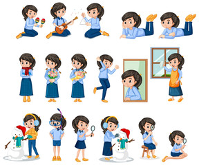 Girl in blue shirt doing different activities