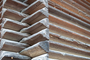 Close-up of Azekura, a Japanese architectural style characterized by joined-log structures of...