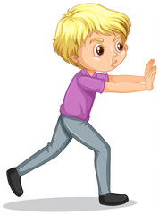 Boy pushing wall on white background