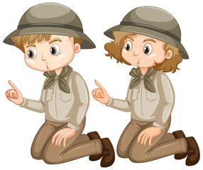 Boy and girl in safari outfit on white background