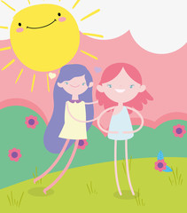 happy valentines day, cute girl and cupid in the field with flowers sunny day