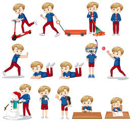 Set of cute boy in blue shirt doing different activities
