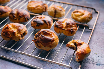 Homemade sweet buns with salted caramel and nuts.