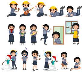 Set of girl doing different activities on white background