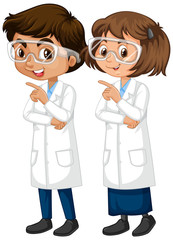 Fototapeta premium Boy and girl in science gown standing on white background