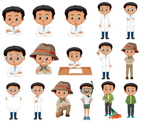 Set of black hair boy doing different activities