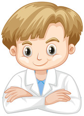 Cute boy in lab gown on white background