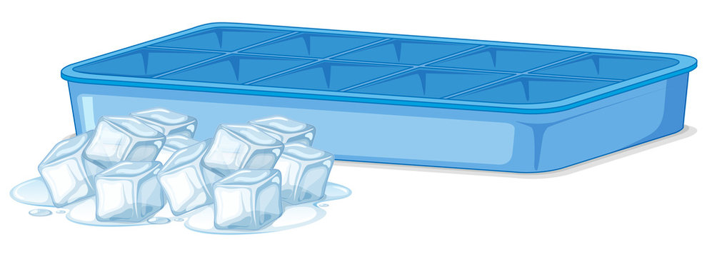 Pile of ice and empty ice tray on white background