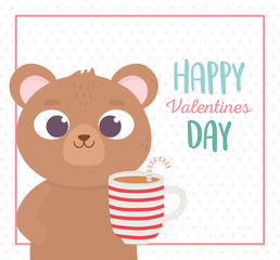 happy valentines day, cute bear with cup chocolate and candy cane love