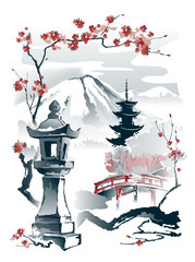 Toro Stone Lantern, Pagoda and red bridge under the mountain framed by sakura branches. Vector drawing in traditional japanese style sumi-e. © shark192009
