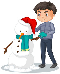 Cute boy making snowman on white background