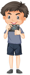 Cute boy with camera on white background