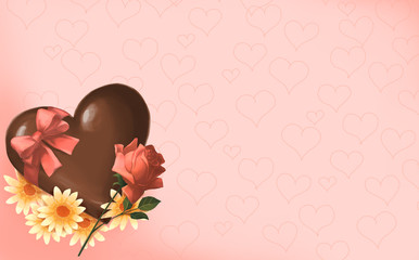 花とハート型チョコのバレンタイン背景イラスト
