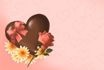 花とハート型チョコのバレンタイン背景イラスト