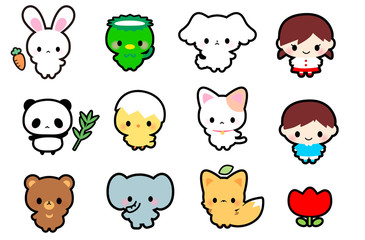 可愛い動物うさぎパンダくま猫犬きつねひよこゾウカッパ子供アイコン・幼稚園・保育園・名札用