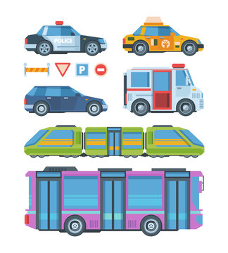 City transport colorful flat vector illustration set