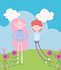 happy valentines day, in love cute couple in the grass with flowers