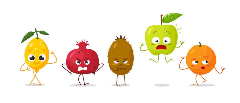 Vector set of cartoon images of intimidated funny fruits on a white background. Emotions, emoji, character.