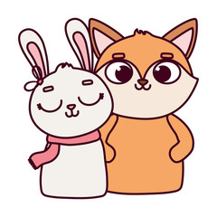 Obraz na płótnie Canvas happy valentines day, cute animals fox and rabbit cartoon