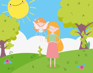 Obraz na płótnie Canvas happy valentines day, cute young woman and little cupid grass flowers trees sun cartoon