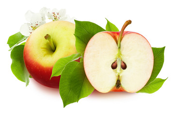 Isolated Apple. Whole ripe red Apple and half cut and green fresh leaves and flower isolated on white background